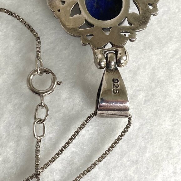 Sterling Silver 925 Lapis Lazuli Scrollwork 2 Stone Pendant Necklace 18" Chain - Picture 9 of 16